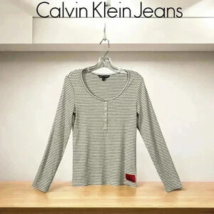 NWOT Calvin Klein Jeans, Striped Logo Sweater, Medium, Grey & White